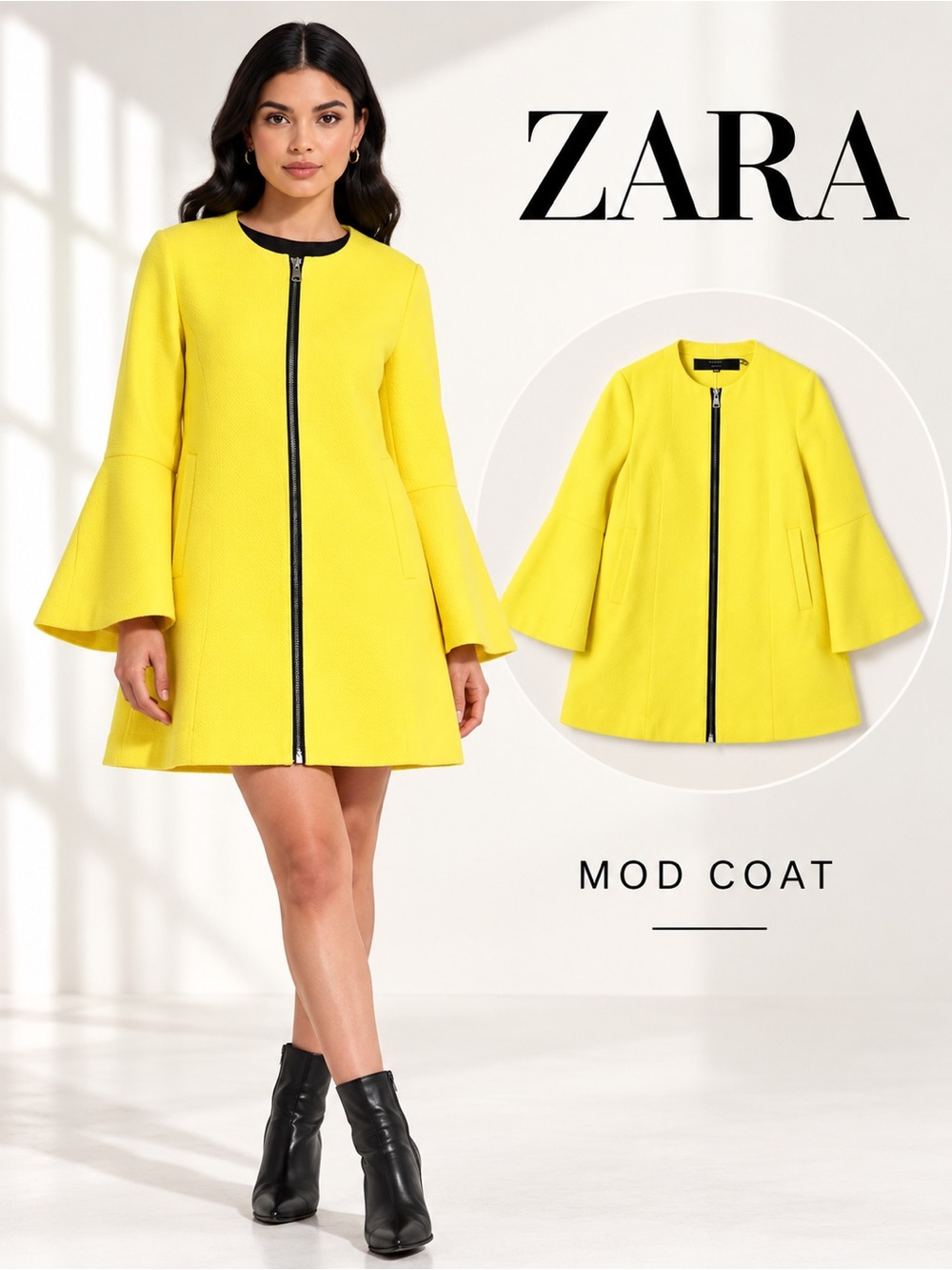 Zara Yellow Mod A-Line Coat Bell Sleeve Zip Jacket XS